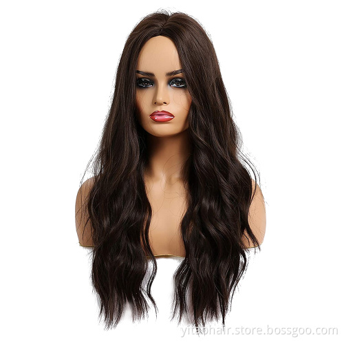 Wholesale dark brown black wig with bangs synthetic black hair wig women's long wave wig heat-resistant natural waves everyday